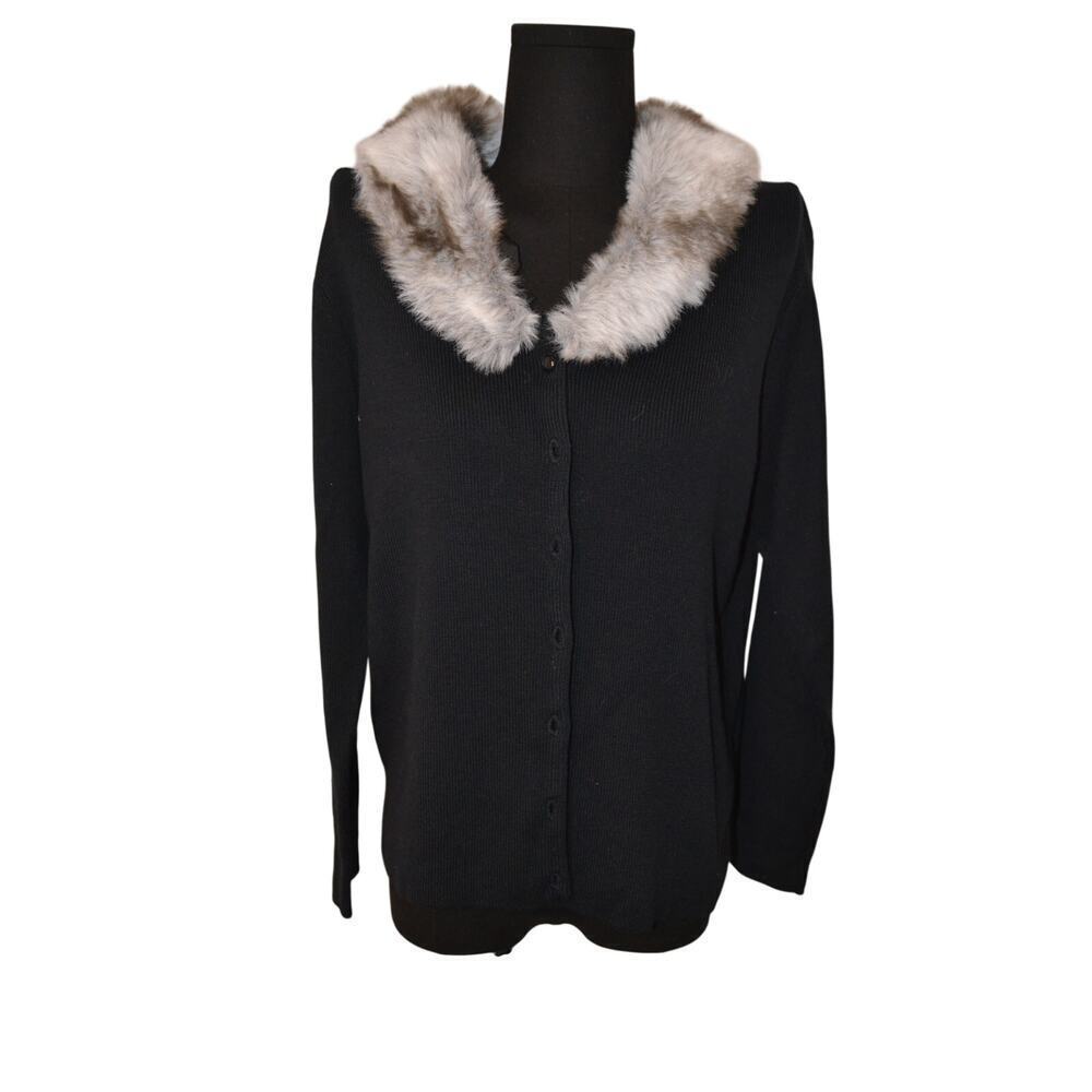 KIKIT Black Button Cardigan Sweater with Removable Faux Fur Collar Size Medium